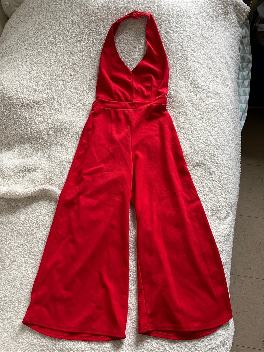 Red Halter Wide-Leg Jumpsuit